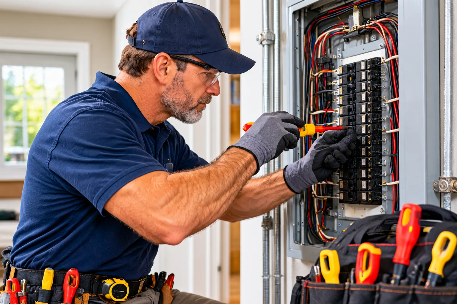 Electrician inspecting a residential breaker panel
