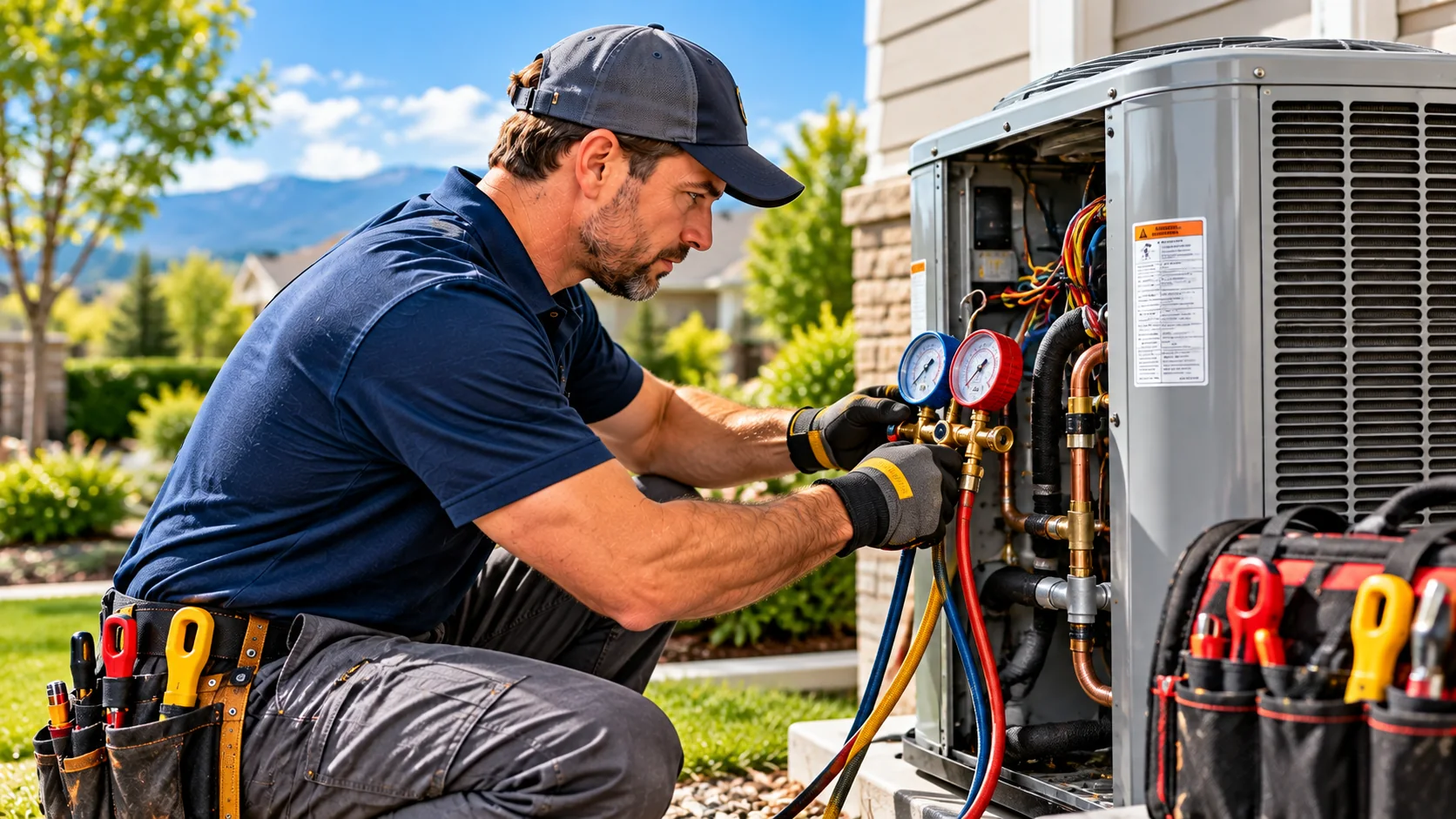 HVAC technician servicing an outdoor air conditioner