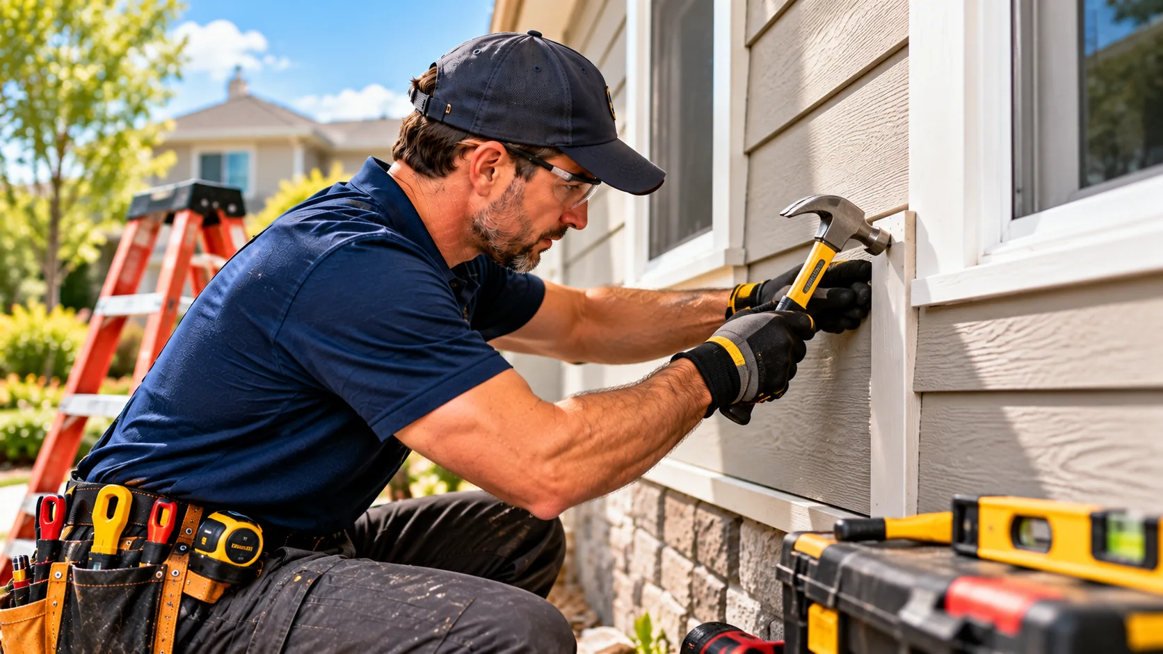 Home repair professional fixing exterior window trim