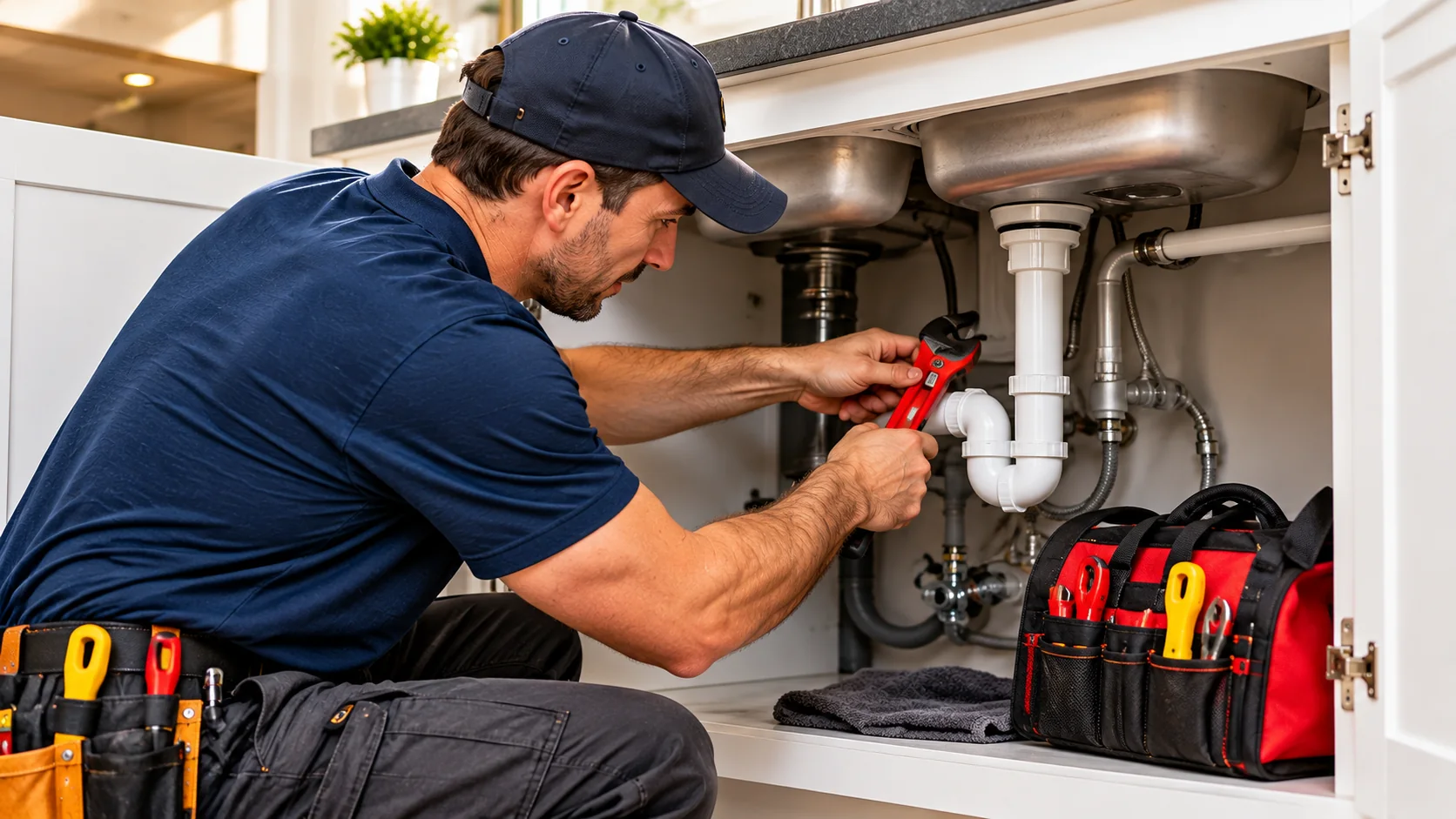 Plumber repairing pipes under a kitchen sink