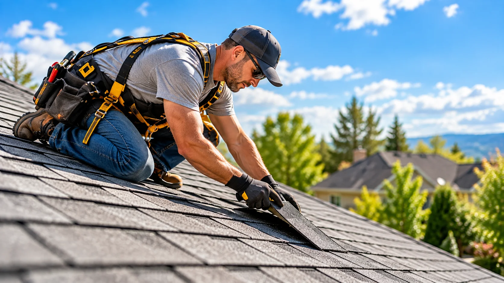 Professional roofer inspecting and repairing asphalt shingles
