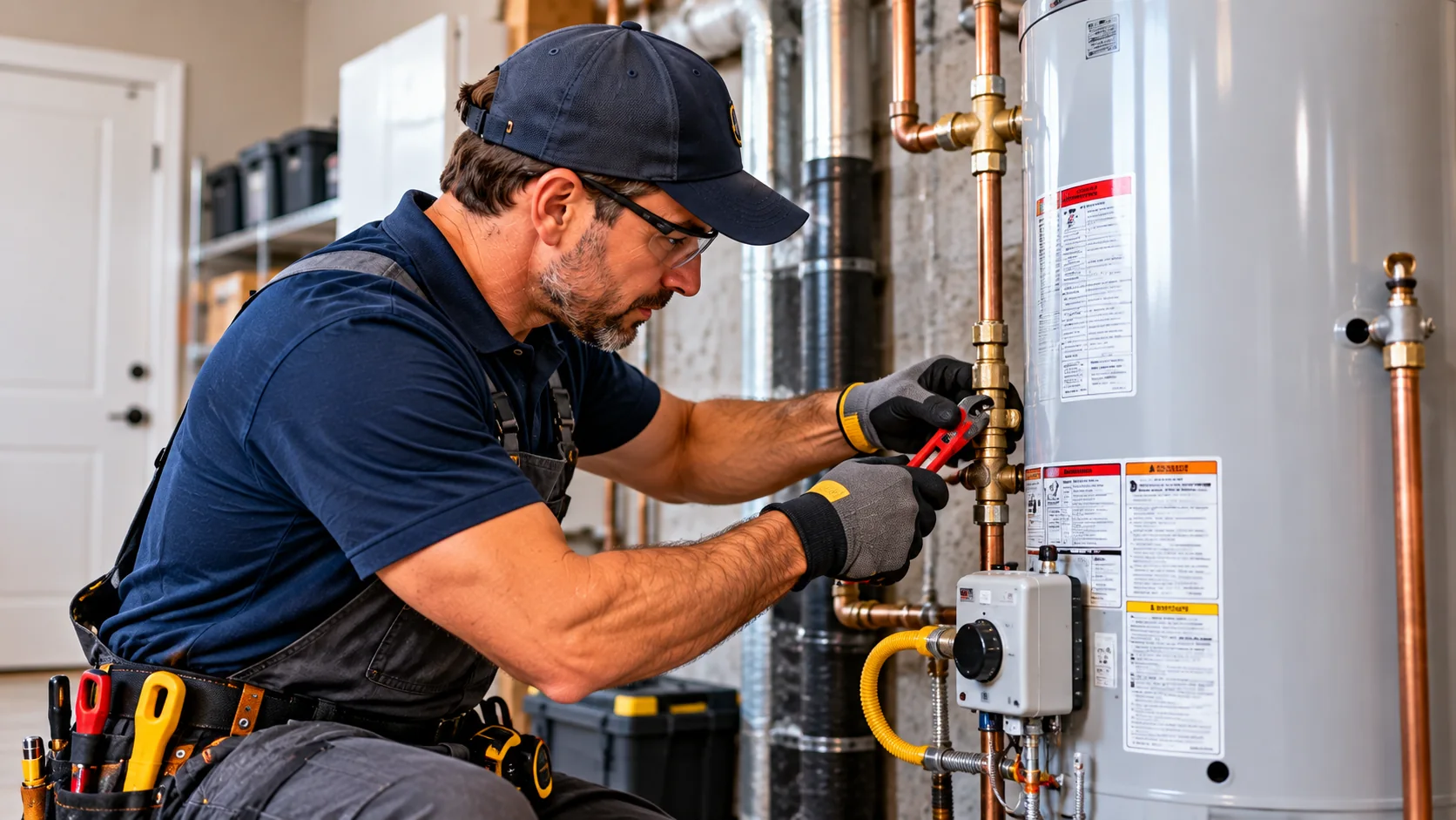 Technician working on a residential water heater